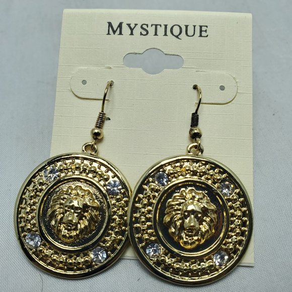 Mystique gold circle lion head with rhinestones fish hook earring - Picture 4 of 4